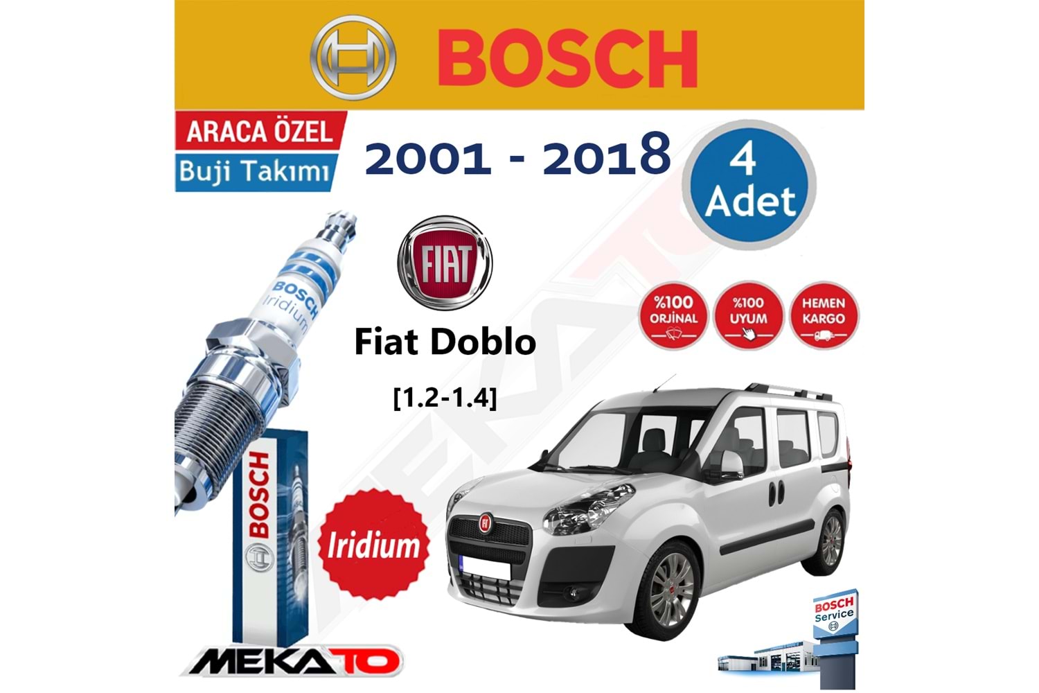 Bosch Fiat Doblo (1.2-1.4) Lpg İridyum (2001-2018) Buji Takımı 4 Ad.