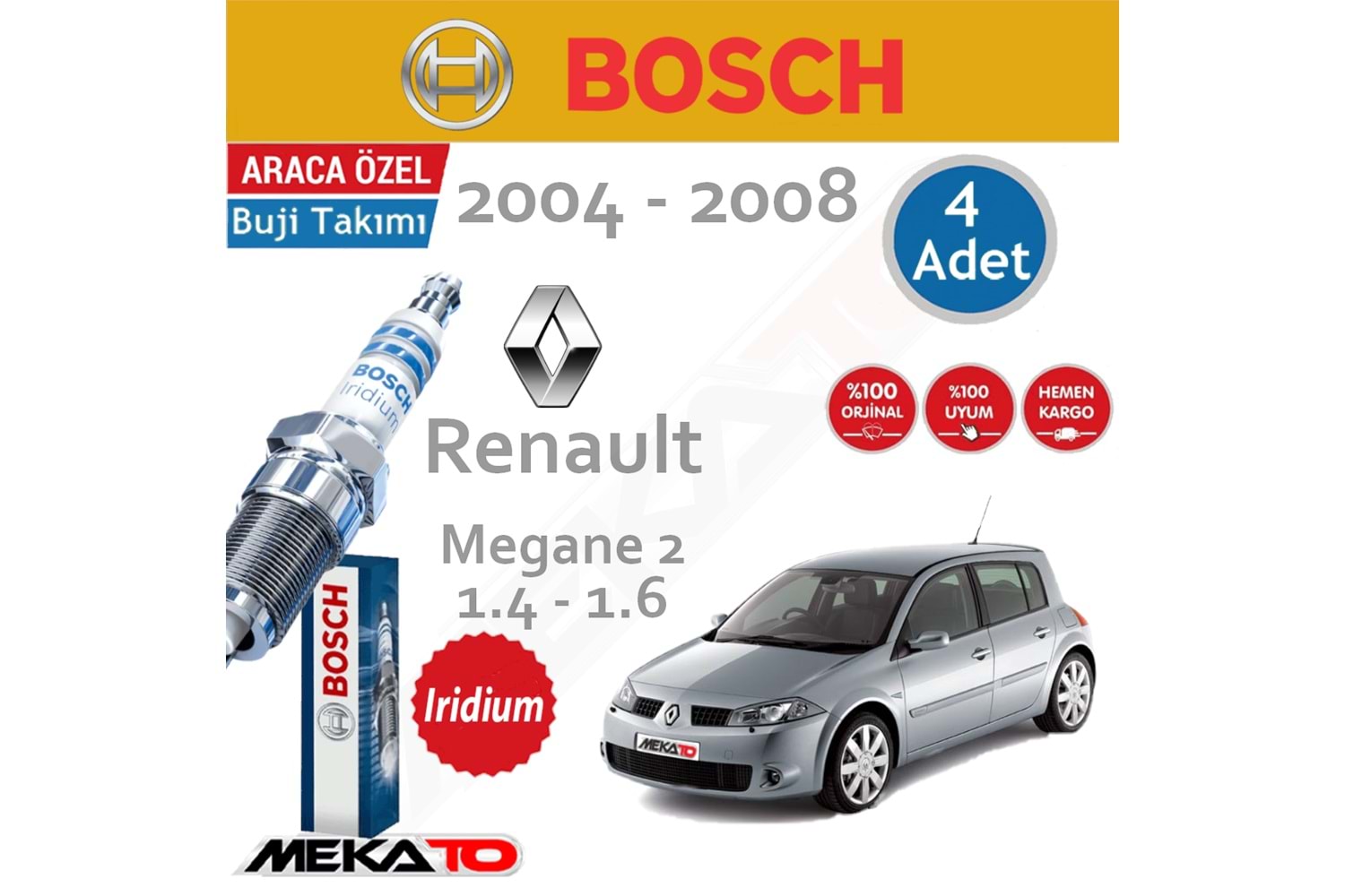 Bosch Renault Megane 2 Lpg (1.4-1.6) İridyum (2004-2008) Buji Takımı 4 Ad.