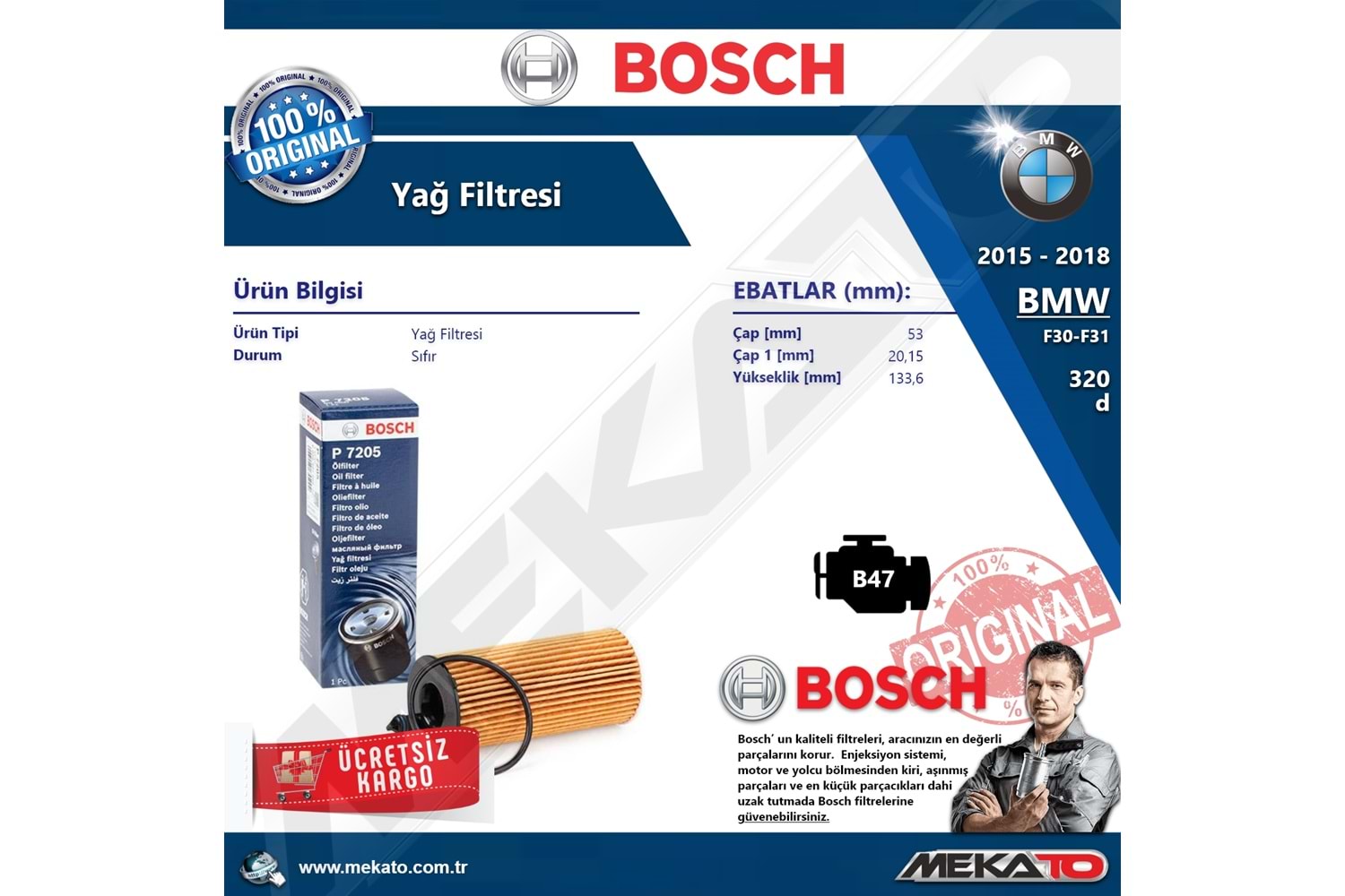 Bmw 3 Seri F30 F31 320 d B47 Bosch Yağ Filtresi 2015-2018