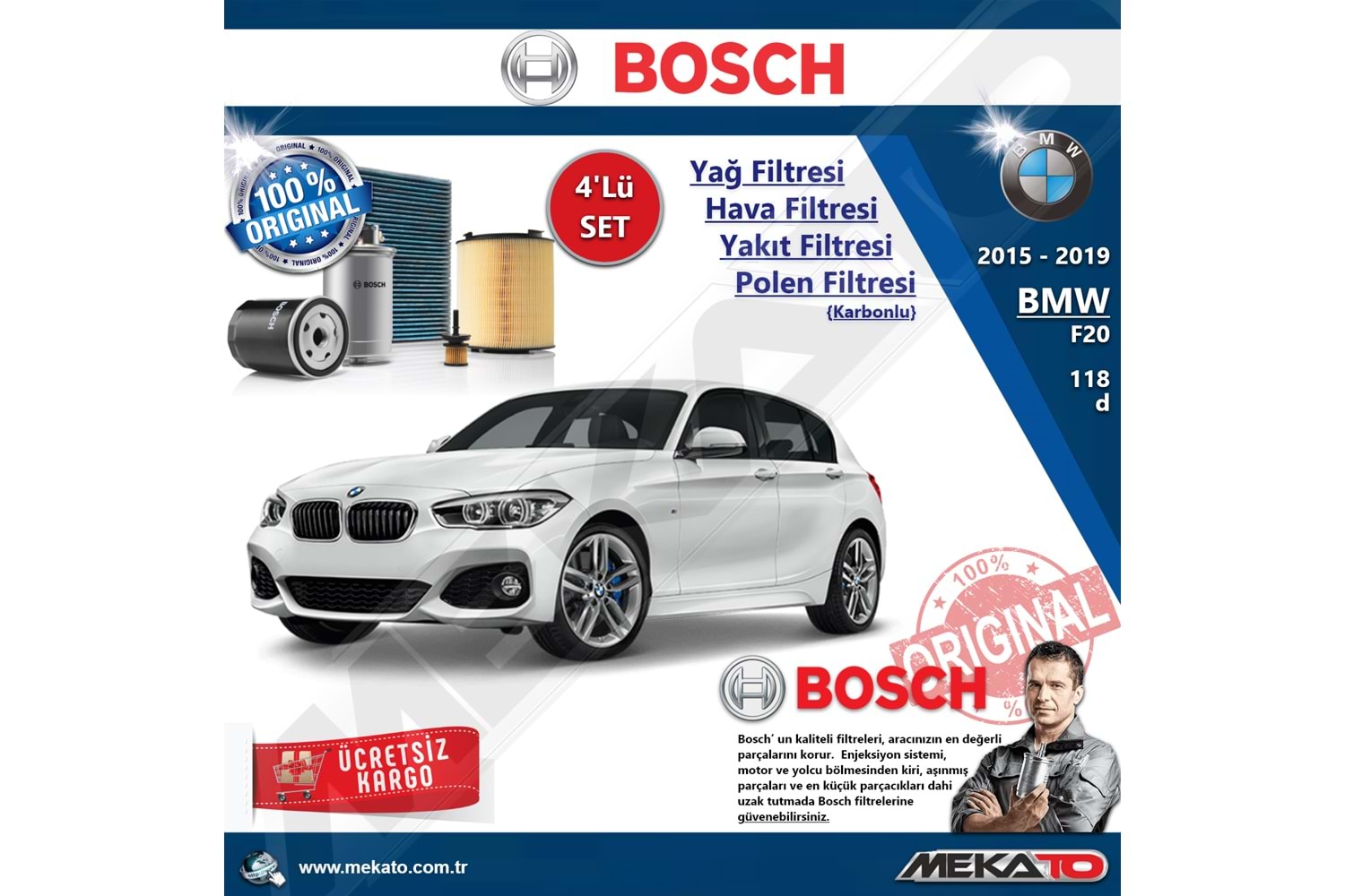 Bmw 1 Seri F20 118 d B47 4 Lü Bosch Filtre Seti Karbonlu 2015-2019