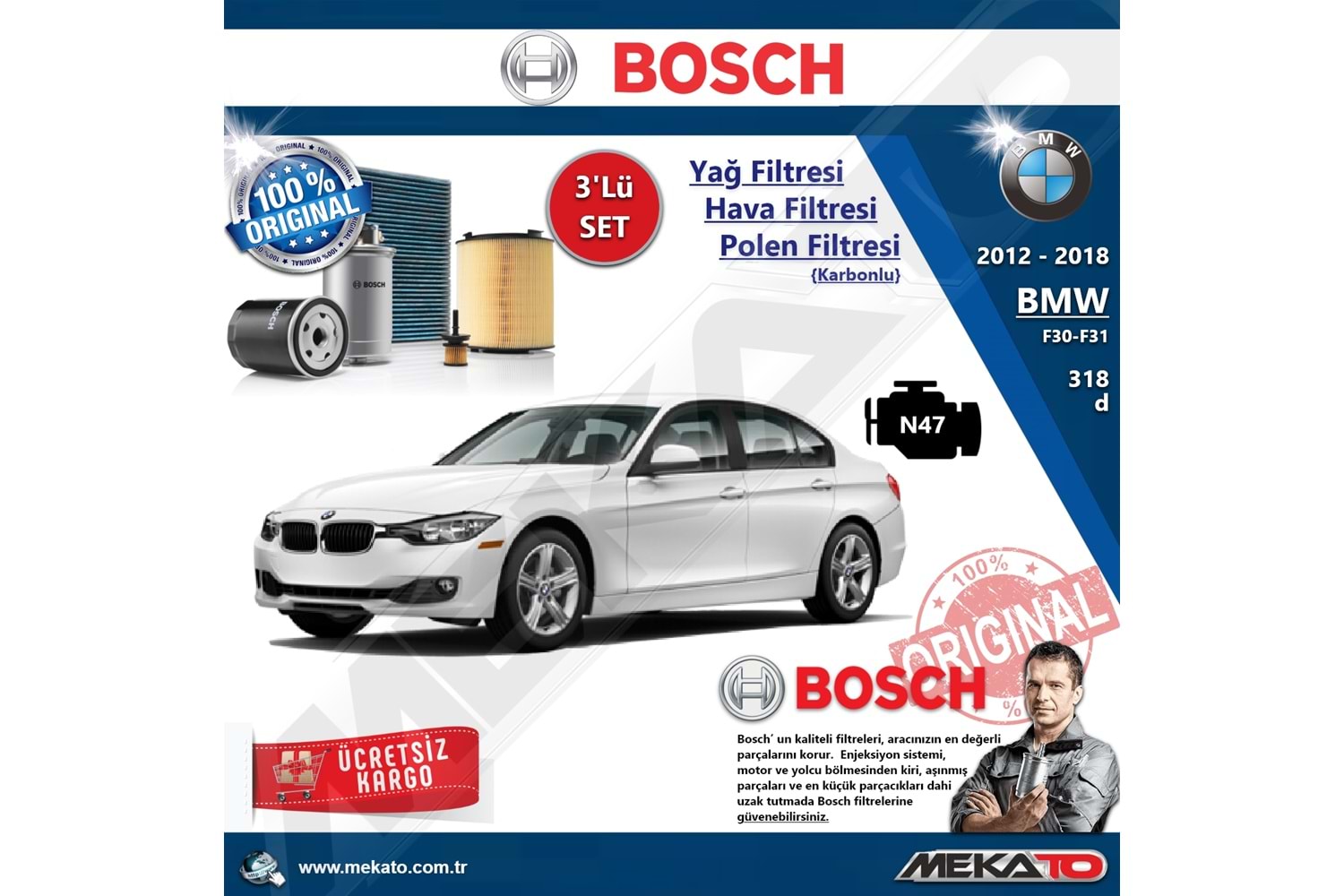 Bmw 3 Seri F30 F31 318 d N47 3 Lü Bosch Filtre Seti Karbonlu 2012-2018
