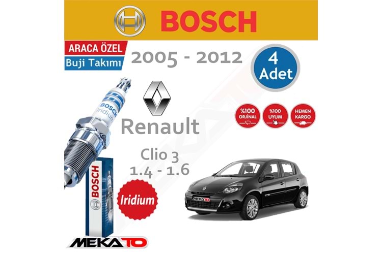 Bosch Renault Clio 3 Lpg (1.4-1.6) İridyum (2005-2012) Buji Takımı 4 Ad.