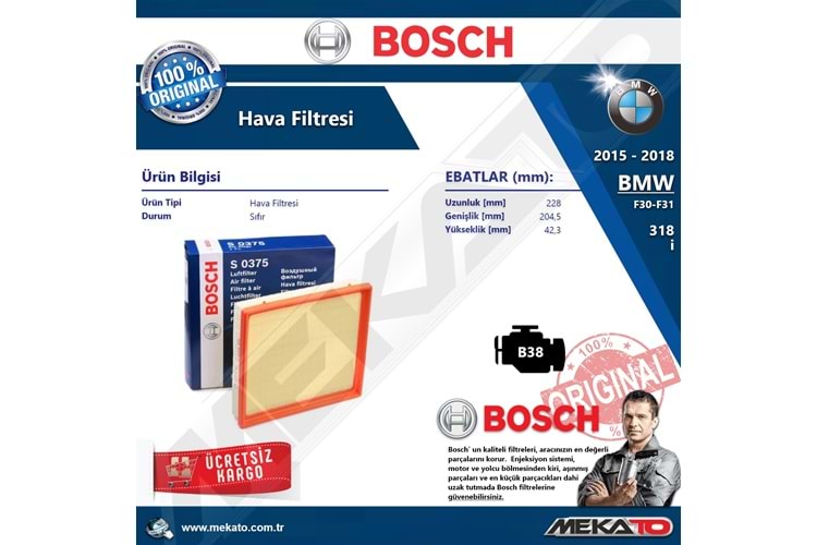 Bmw 3 Seri F30 F31 318 i B38 Bosch Hava Filtresi 2015-2018